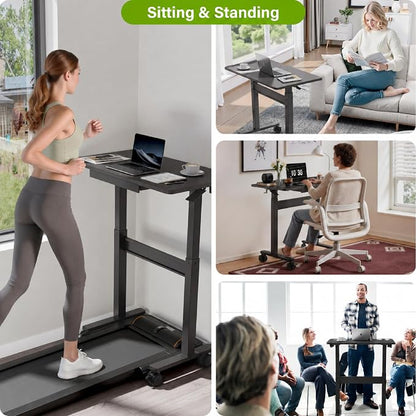 Standing Desk for Walking Pad with Wheels, Pneumatic Cordless Height Adjustable Rolling Desk, Mobile Computer Workstation with Drawer Hook Locking Casters for Treadmill & Home Office, Black