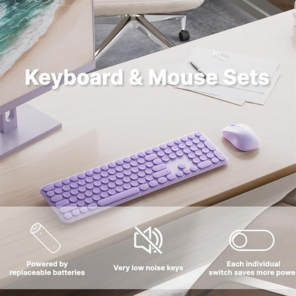 Wireless Keyboard and Mouse Combo with 110 Round Keycaps, Power Switch, and Scissor-Switch Typing Feel – Ideal for Office Use (Purple)