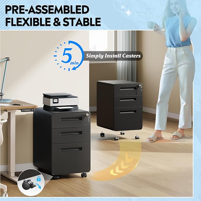 DEVAISE 3 Drawer Mobile File Cabinet, Under Desk Metal Filing Cabinet with Lock for Home Office, Office File Cabinet fits Letter/Legal Size, Pre-Assembly, Black