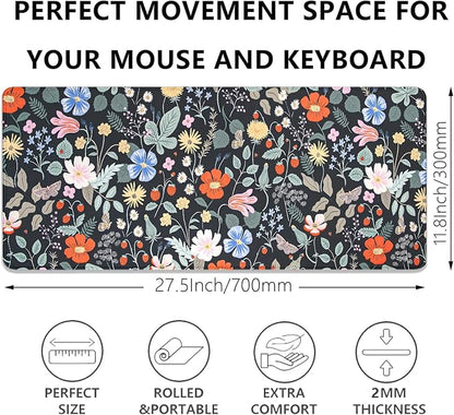 Strawberry Flowers Mouse Pad Desk Pad,Extended Gaming Mouse Mat with Stitched Edges Non-Slip Waterproof Rubber Base Mous Mat for Office,Computer,Keyboard,Laptop and Home Desk Pad(27.5X11.8 in)