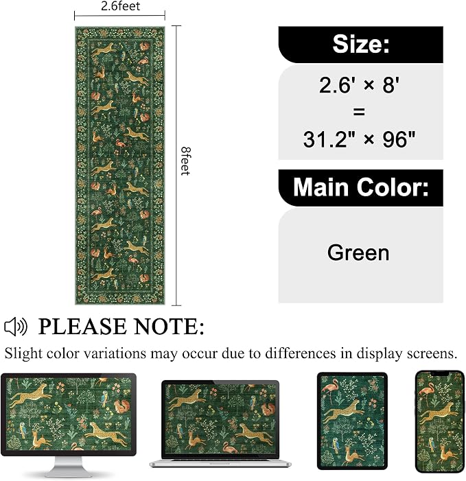 DUKINO 2.6x8 Rug for Hallway, Washable Kitchen Runner Rug with Non Slip Backing, Soft Low Pile Vintage Animal Runner for Bedroom, Kitchen, Hallway, Entryway, Laundry, Green