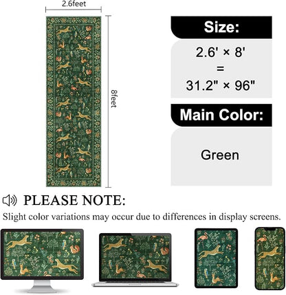 DUKINO 2.6x8 Rug for Hallway, Washable Kitchen Runner Rug with Non Slip Backing, Soft Low Pile Vintage Animal Runner for Bedroom, Kitchen, Hallway, Entryway, Laundry, Green