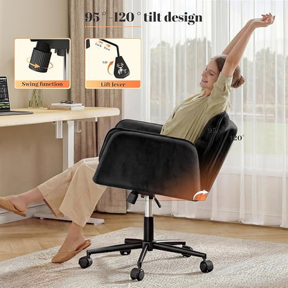 DurayLoly Criss Cross Chair with Wheels, Fluffy Vanity Chair with 5-Gear Flip Armrests, Cross Legged Swivel Seat for Bedroom, Makeup Vanity, Home Office, Dorm, Black