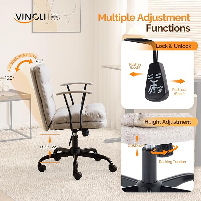 VINGLI Comfortable Office Desk Chairs with/No Wheels,Dual-Base,Removable Armrests,Adjustable Comfy Swivel Computer Task Nail Tech Chair for Office,Sewing,Makeup Vanity,Teen,Linen Fabric,Light Grey