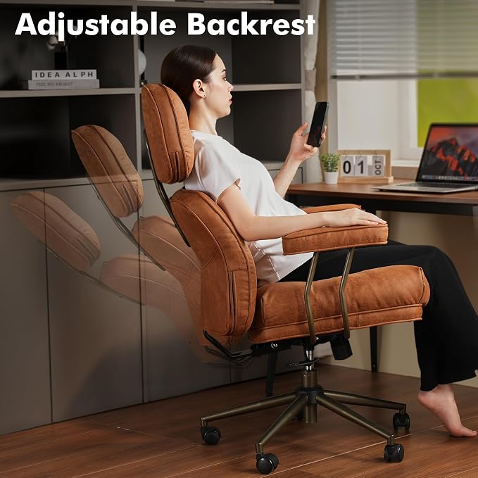 Brown Leather Home Office Chair, Ergonomic High Back Executive Chair with Deep Seat Thick Cushion, Mid Century Modern Big and Tall Computer Desk Chair with Lumbar Support (Light Brown Suede)