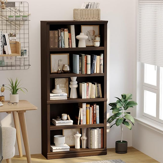 blini 5-Shelf Tall Bookcase Wooden Bookshelves 33in Wide Floor Standing Display Storage Book Shelves 70 in Dark Cherry Bookcase for Home Office, Living Room, Bed Room