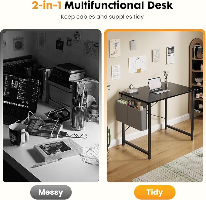 NEWBULIG Small Computer Desk for Bedroom 32 Inch Home Office Desks for Small Spaces Writing Gaming Work Study Table with Storage Bag Black