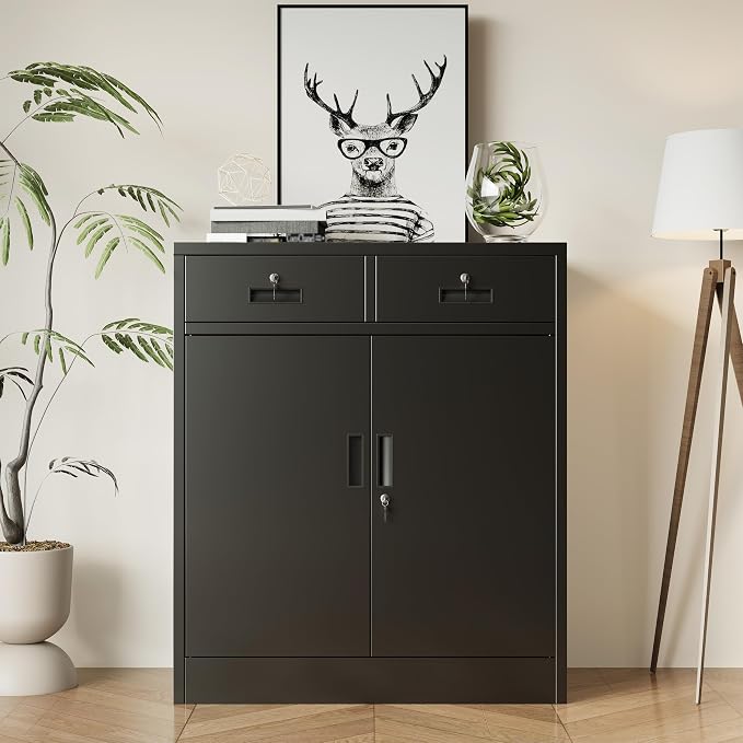 BESFUR Metal Storage Cabinet with Doors and Shelves, 36" H Locking Storage Cabinet with 2 Drawers, Reinforced Heavy Duty Metal Cabinets for Garage, Office, Home(Black)