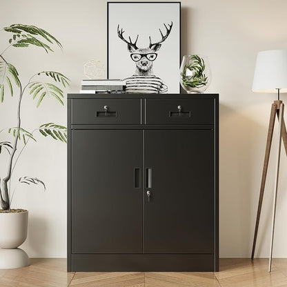 BESFUR Metal Storage Cabinet with Doors and Shelves, 36" H Locking Storage Cabinet with 2 Drawers, Reinforced Heavy Duty Metal Cabinets for Garage, Office, Home(Black)