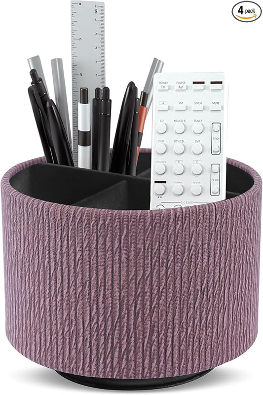 Round Leather Art Supply Organizer,Remote Control Holder,360 Degree Spinning,Multi-Functional Pencil Holder,4 Compartments Desktop Stationary Organizer(1-Wood Soil)