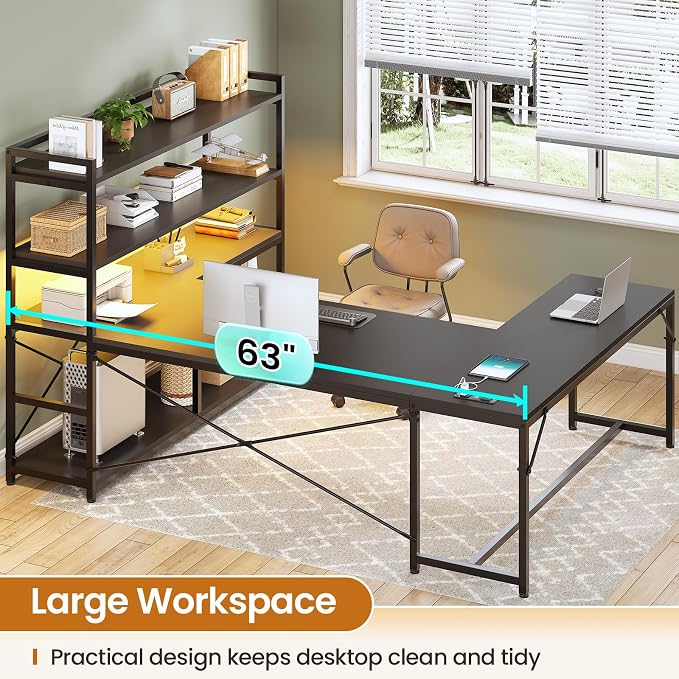 SEDETA L Shaped Gaming Desk, 63'' Reversible Computer Desk with Power Outlet and Storage Shelves, Corner Gaming Desk with LED Lights, Bookshelf for Home Office, Black