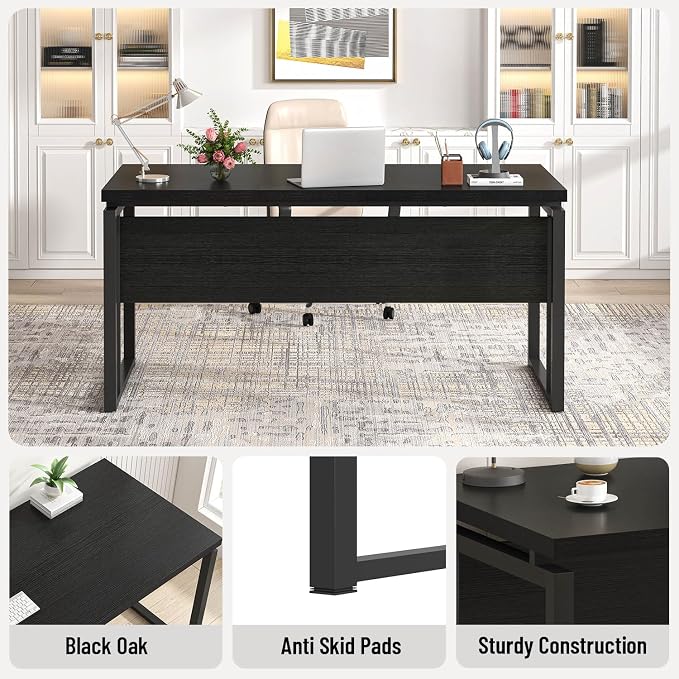 EXCEFUR Black Desk for Home Office, Modern Computer Desk, Wood and Metal Writing Study Table for Workstations, Living Room, Bedroom, 53 Inch