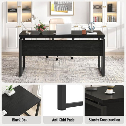 EXCEFUR Black Desk for Home Office, Modern Computer Desk, Wood and Metal Writing Study Table for Workstations, Living Room, Bedroom, 53 Inch