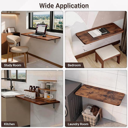 Neoaider Wall Mounted Folding Desk 35.4” x 15.7”, Drop Down Table with Metal Collapsible Brackets, Folding Wall Table for Small Spaces, Home, Office, Kitchen, Laundry Room-Brown