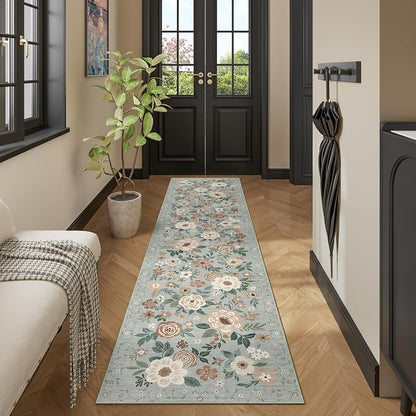 DUKINO Runner Rug, 2x10 Kitchen Runner Rug for Hallway with Non Slip Backing, Washable Low Pile Soft Boho Floral Carpet for Kitchen, Entryway, Hallway, Laundry, Bedroom, Sage Green