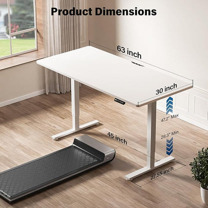 Electric Standing Desk, 63 x 30 Inch Extra Large Desktop, Adjustable Height Sit Stand Desk, Home Office Workstation for Dual & Triple Monitor, White