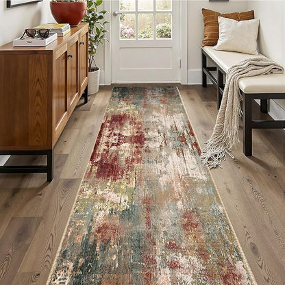 RELEANY Washable Area Rugs 2'x10' Non-Slip Modern Abstract Soft for Living Room Entryway Bedroom Kitchen, Print Pattern, Brown Rust Red Green Blue Multi