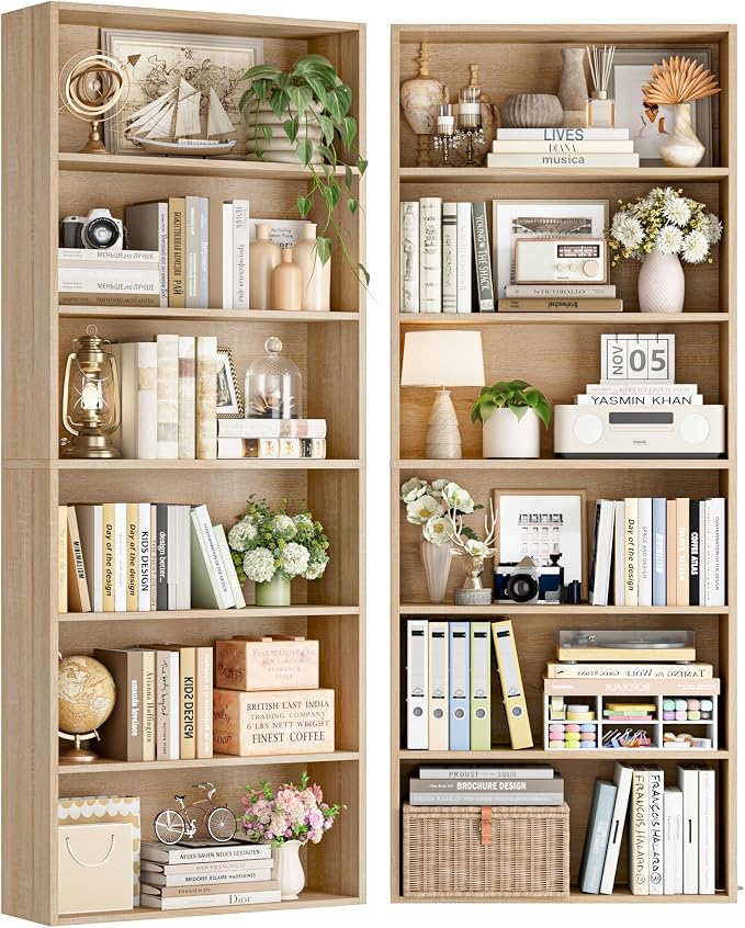 FOTOSOK 6-Tier Open Bookcase and Bookshelf, Freestanding Display Storage Shelves Tall Bookcase for Bedroom, Living Room and Office,Light Oak Set of 2