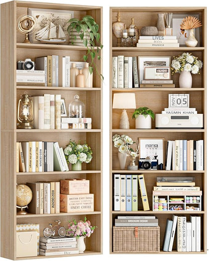 FOTOSOK 6-Tier Open Bookcase and Bookshelf, Freestanding Display Storage Shelves Tall Bookcase for Bedroom, Living Room and Office,Light Oak Set of 2