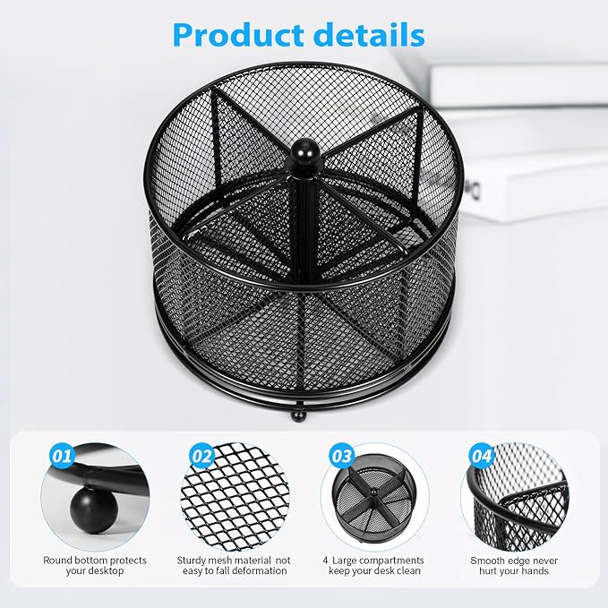 360°Rotating Desk Organizer, Pen Holder for Desk with 4 Compartments, Silverware Organizer for Kitchen Counter,Vanity Makeup Brush Stand, Multi-Functional Pencil Holder for Supplies