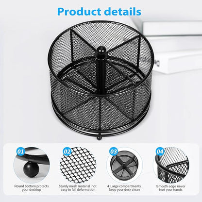 360°Rotating Desk Organizer, Pen Holder for Desk with 4 Compartments, Silverware Organizer for Kitchen Counter,Vanity Makeup Brush Stand, Multi-Functional Pencil Holder for Supplies