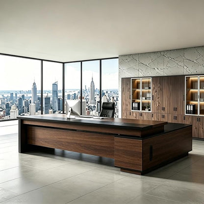 L Shaped Executive Desk with Drawers, Modern Large Wood Home Office Desk, Computer Desk with Storage for Boss Office Workstation