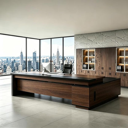 L Shaped Executive Desk with Drawers, Modern Large Wood Home Office Desk, Computer Desk with Storage for Boss Office Workstation