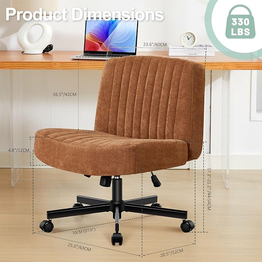 Criss Cross Chair with Wheels,Thick Padded Fabric Cross Legged Office Desk Chair with Pocket Spring Cushion,Dual-Purpose Base,Wide Adjustable Computer Home Office Vanity Chair,Brown