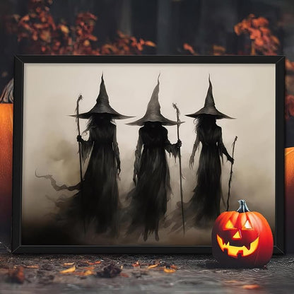 Framed Vintage Witch Canvas Wall Art - Halloween Witchy Wall Decor - Gothic Decor Aesthetics, Creepy Three Witches Rustic Macabre Dark Artwork Prints for Living Room Bedroom 8x10 inch