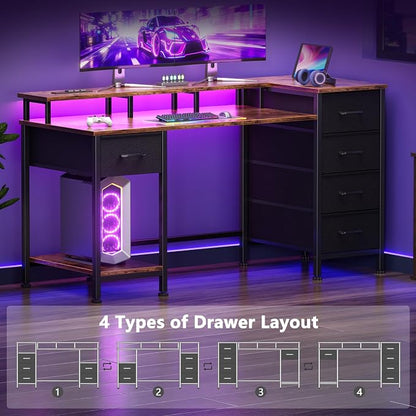 Korfile 47 Inch Gaming Desk with Power Outlets and LED Lights, Reversible Computer Desk with 5 Fabric Storage Drawers, Home Office Desk with Monitor Stand for Working Writing Study, Rustic Brown