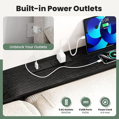 GRLEAF 63" Narrow Console Sofa Table with Built-in Power Strip (2 AC Outlets & 2 USB Ports) – 4.9ft Power Cord, Metal Frame, Easy Assembly, Ideal for Behind Couch, Hallway, and Home Office | Black
