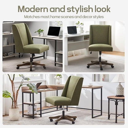 Zihanhome Upholstered Armless Office Chair with Wooden Legs, Modern Adjustable Home Office Desk Chair Computer Chair Swivel Chair for Home Office Study Studio (Green)