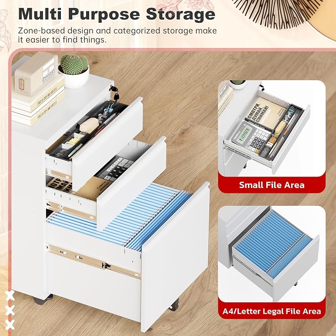 Superday White 3 Drawer Mobile Locking File Cabinet, Metal Rolling Vertical Filing Cabinet with Drawers, Small Under Desk File Cabinets for Office and Home, Fully Assemble