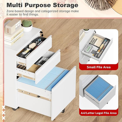 Superday White 3 Drawer Mobile Locking File Cabinet, Metal Rolling Vertical Filing Cabinet with Drawers, Small Under Desk File Cabinets for Office and Home, Fully Assemble