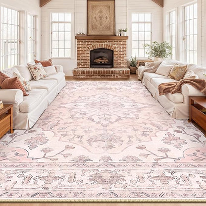 RELEANY Area Rugs Large 10'x14' Washable Non-Slip, Floral Vintage Distress Medallion Carpet for Living Room Bedroom Dining Room, Pink Greypink Cute