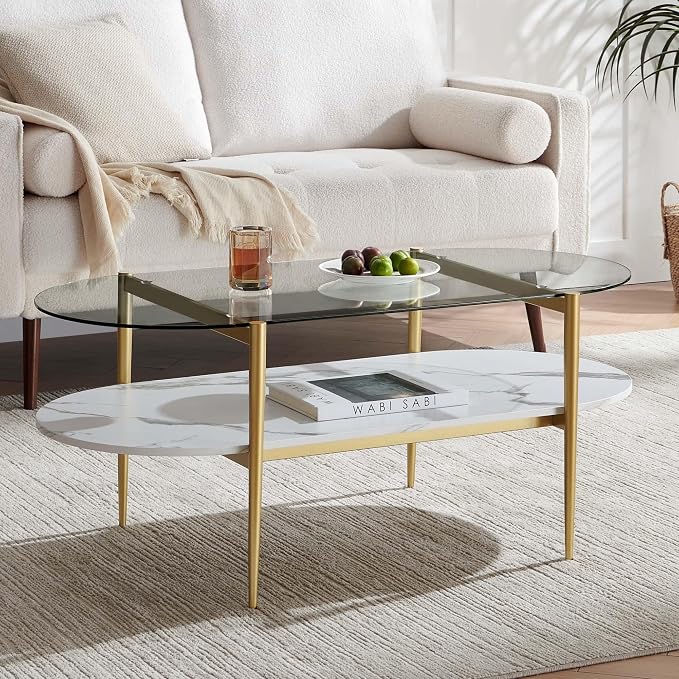 LumFurn Oval Coffee Table, Mid-Century Modern Design, L41 x W21 x H17 inch, for Living Room, Clear Glass Top, White Marble Finish Wood Shelf & Gold Finish Frame