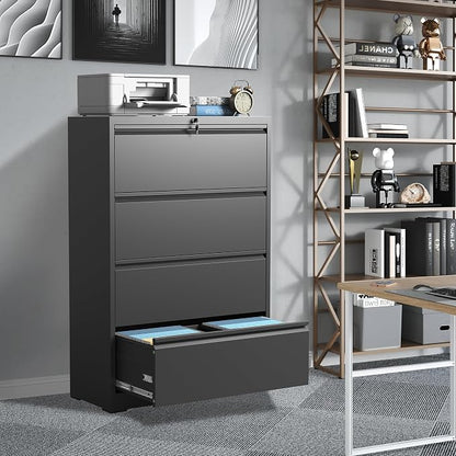 4 Drawer File Cabinets,Metal Office Storage Filing Cabinet with Lock,Black Lateral Filing Cabinet for Home Office,Horizontal Locking File Cabinet for Legal/Letter/A4,Assembly Required,Black