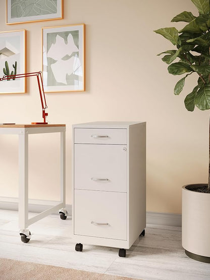 Space Solutions - 3 Drawer Fully Assembled Steel File Cabinet, Home & Small Office Use, Letter-Size, Small Supply Drawer, Locking, Mobile, Pearl White