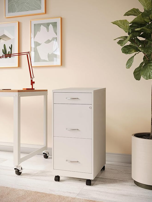 Space Solutions - 3 Drawer Fully Assembled Steel File Cabinet, Home & Small Office Use, Letter-Size, Small Supply Drawer, Locking, Mobile, Pearl White