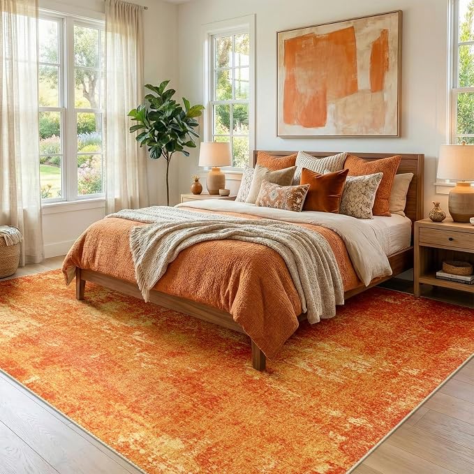 RELEANY Washable Area Rugs 9'x12' Non-Slip Modern Abstract Soft for Living Room Entryway Bedroom Kitchen, Print Pattern, Orange