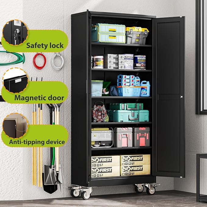 Metal Garage Storage Cabinet with Wheels, 74.8" H x 31.5" W x 15.7" D, Lockable Rolling Steel Tool Cabinet with Adjustable Shelves, Heavy Duty Garage Cabinet for Workshop, Basement, Home, Black
