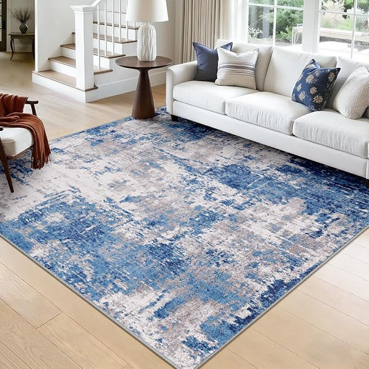 RELEANY Washable Area Rugs Square 8ft Non-Slip Modern Abstract Soft for Living Room Entryway Bedroom Kitchen, Print Pattern, Blue Grey Navy Gray