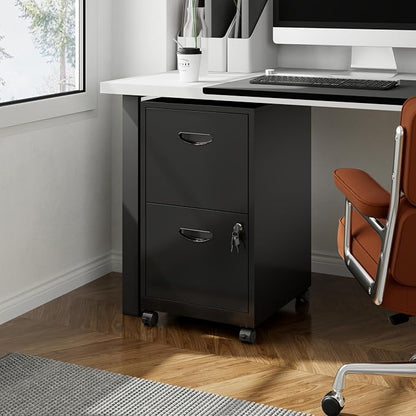 Polup 2 Drawer File Cabinet on Wheels, Mobile Two Drawer Filing Cabinet with Lock, Small Rolling Files Cabinets for Under Desk, Metal Filing Cabinets for Letter Size Folders - Assembly Required