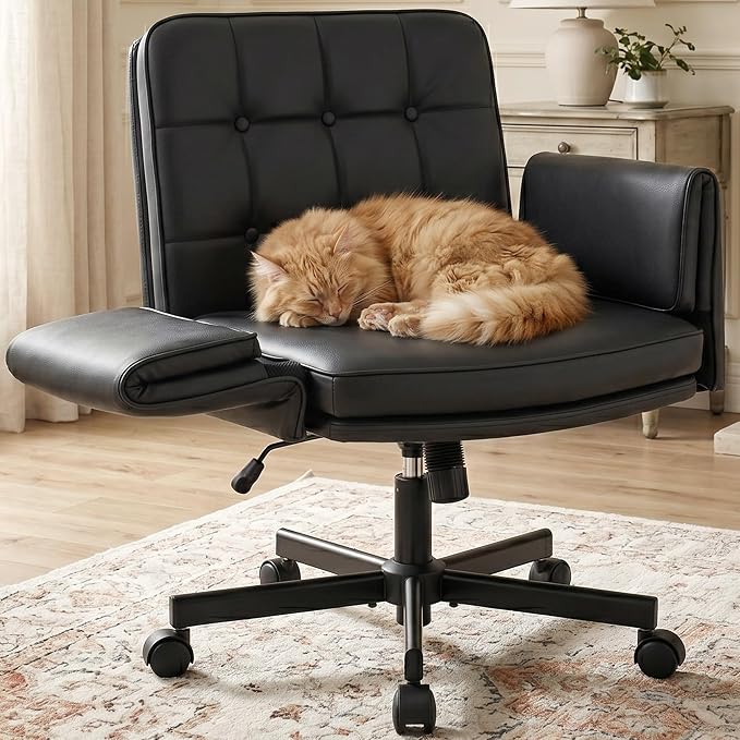 Criss Cross Chair with Wheels & Armrests - PU Leather Comfy Wide Seat Cross Legged Desk Office Chair - Comfortable Swivel Rolling Tilting Vanity Chair with Back for Home Office Makeup Bedroom