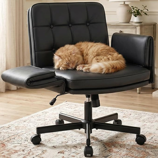 Criss Cross Chair with Wheels & Armrests - PU Leather Comfy Wide Seat Cross Legged Desk Office Chair - Comfortable Swivel Rolling Tilting Vanity Chair with Back for Home Office Makeup Bedroom