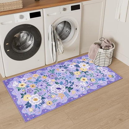 DUKINO 2x4 Rug for Entryway, Washable Kitchen Floral Runner Rug with Non Slip Backing, Low Pile Soft Boho Carpet for Kitchen, Hallway, Entryway, Laundry, Bedroom, Purple