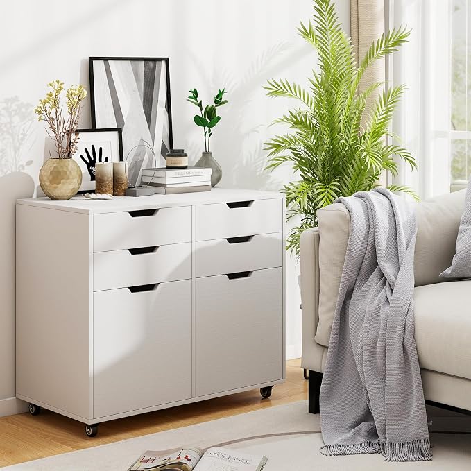 LOKO Mobile File Cabinet with 4 Drawers, Rolling Under-Desk Filing Cabinet, Wooden Chest of Drawers with Universal Wheels, Modern Printer Stand for Home Office Organization and Storage (White)