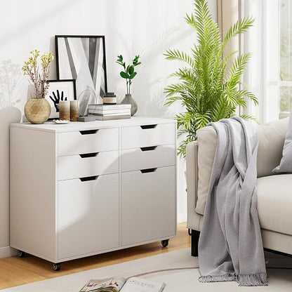 LOKO Mobile File Cabinet with 4 Drawers, Rolling Under-Desk Filing Cabinet, Wooden Chest of Drawers with Universal Wheels, Modern Printer Stand for Home Office Organization and Storage (White)
