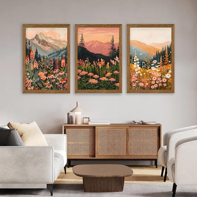 ICHZUMW Framed Boho Abstract Landscape Mountain and Floral Canvas Wall Art Set of 3, Colorful Nature Botanical Paintings Artwork, Large Wildflower Wall Decor for Living Room Bedroom Office, 20x30in