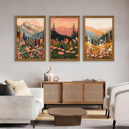 ICHZUMW Framed Boho Abstract Landscape Mountain and Floral Canvas Wall Art Set of 3, Colorful Nature Botanical Paintings Artwork, Large Wildflower Wall Decor for Living Room Bedroom Office, 20x30in